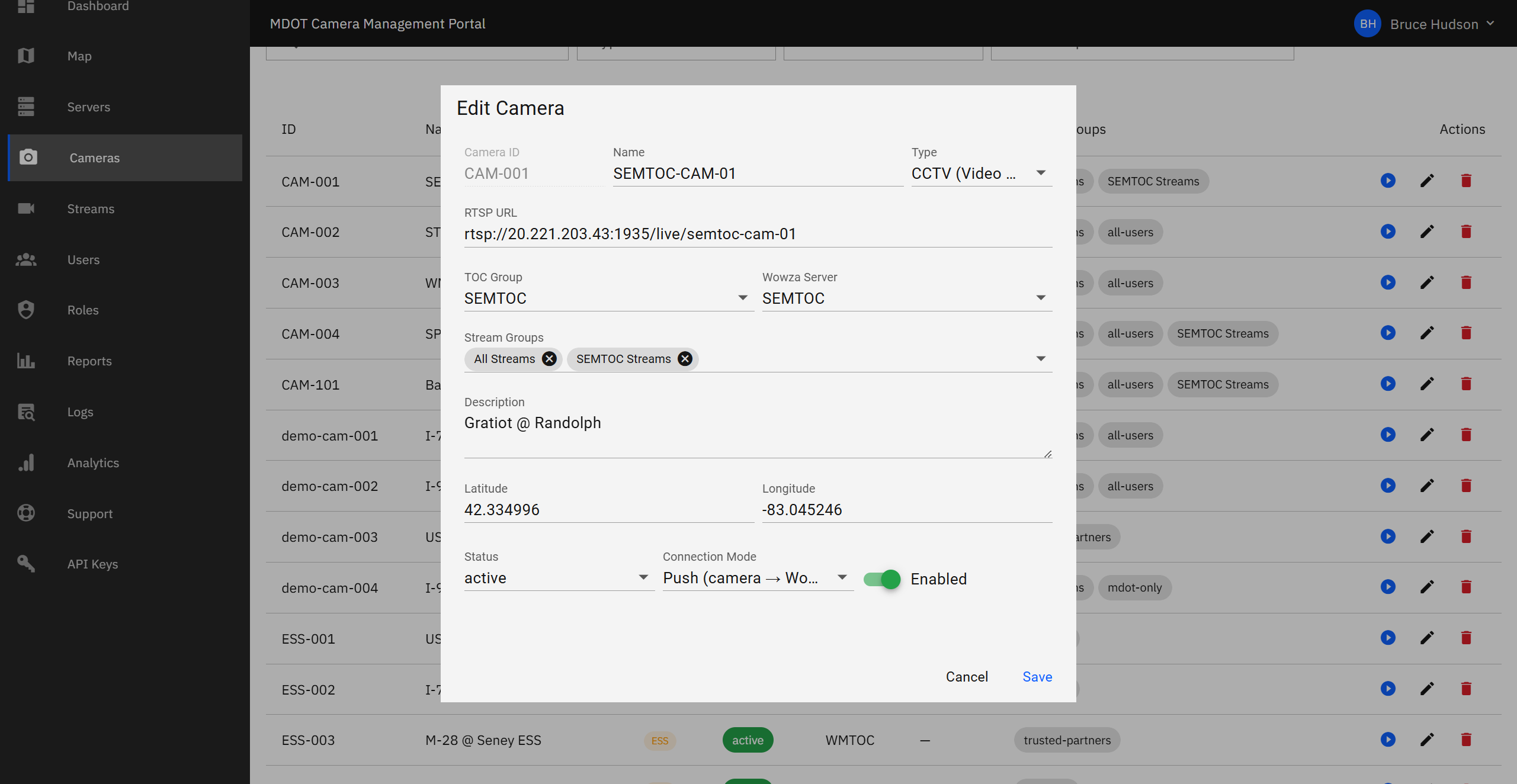 Edit camera form showing fields for camera name, type, TOC group, server assignment, and stream group memberships.